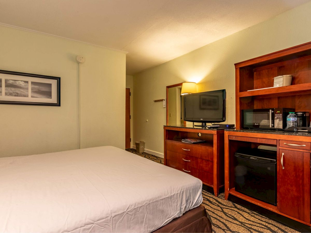 A hotel room with a bed, wooden cabinet, TV, microwave, and coffee maker.