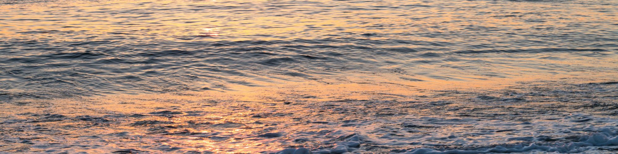 A serene beach scene with gentle waves lapping at the shore under a vibrant, orange sunrise on the horizon.