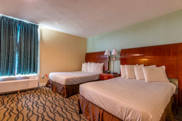 The image shows a hotel room with two beds, a patterned carpet, a window with curtains, and a lamp on a nightstand between the beds.