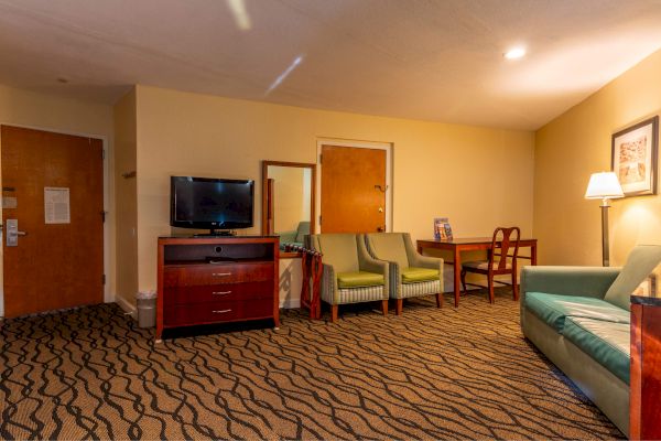 A hotel room with patterned carpet, a TV, chairs, a sofa, a table with chairs, a lamp, and a mirror is visible.