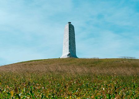 A tall monument stands atop a grassy hill under a blue sky, viewed from a low angle among green and brown vegetation.